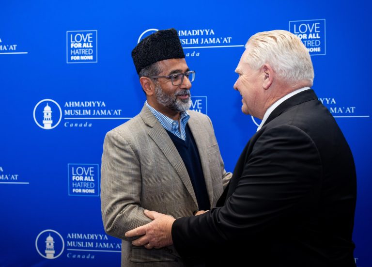 Premier Doug Ford greeting a community member at Masjid Mubarak's Iftar dinner